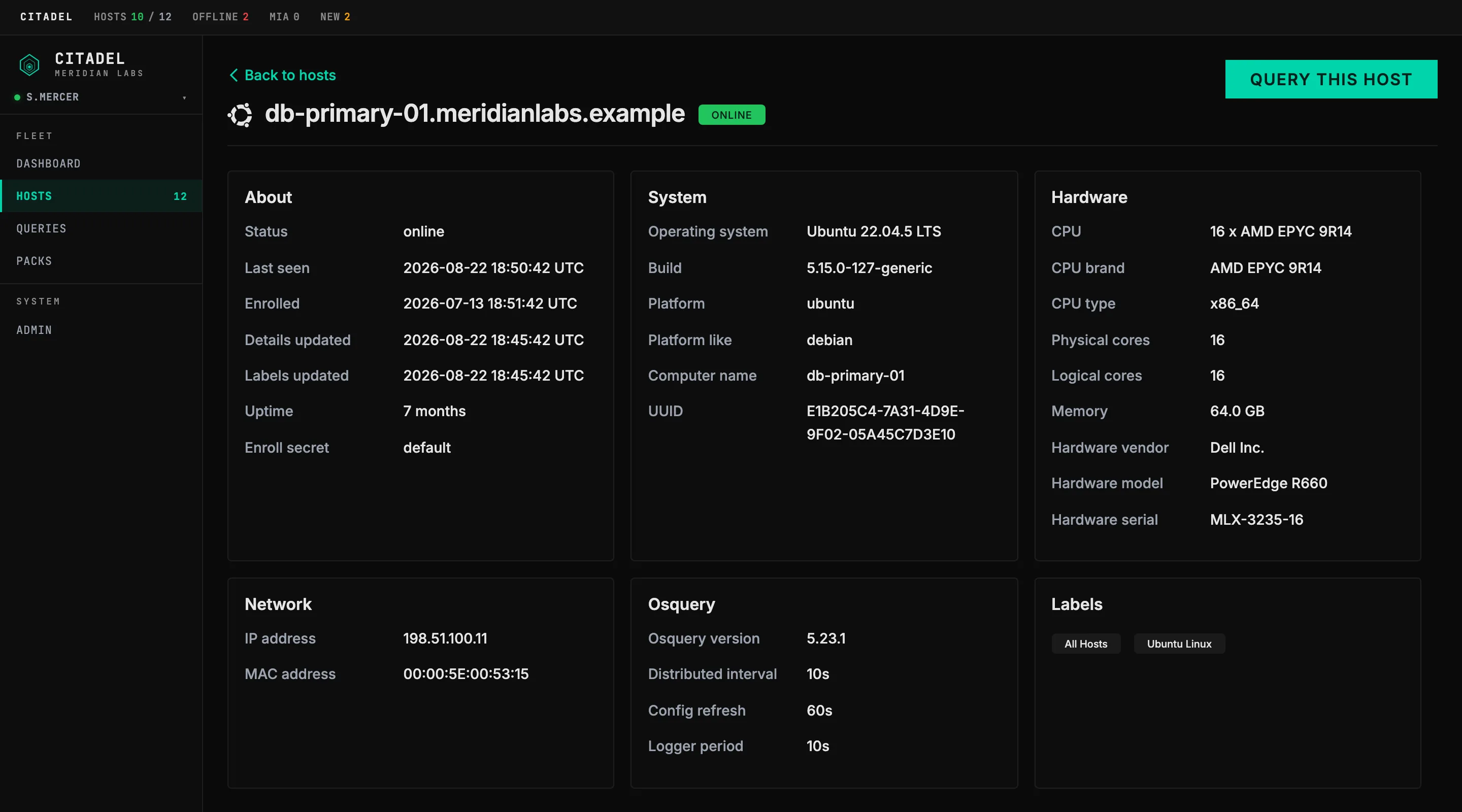 Citadel host detail for db-primary-01: an About block with status online, last seen, enrolled and details-updated timestamps, uptime and enroll secret; a System block with Ubuntu 22.04.5 LTS, kernel build, platform, computer name and UUID; a Hardware block with 16 x AMD EPYC 9R14, 64 GB memory, Dell PowerEdge R660 and an asset serial; a Network block with IP and MAC address; an Osquery block with agent version 5.23.1, distributed interval 10s, config refresh 60s and logger period 10s; and the host's labels.