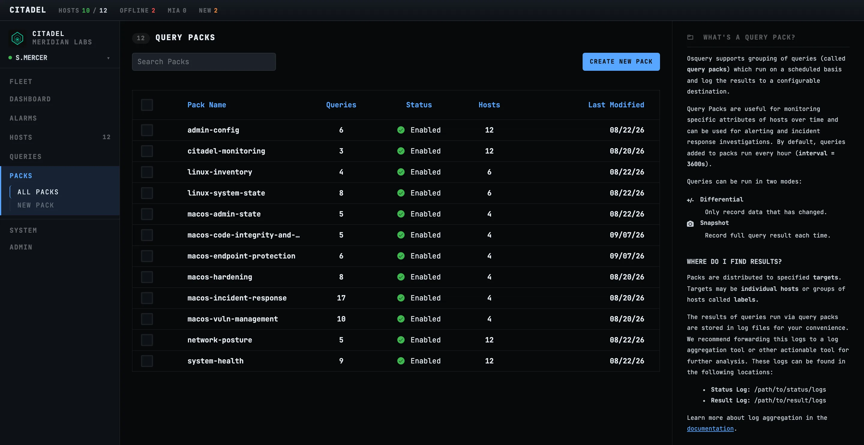 Citadel's query pack list, showing twelve packs with their query counts, status and host counts